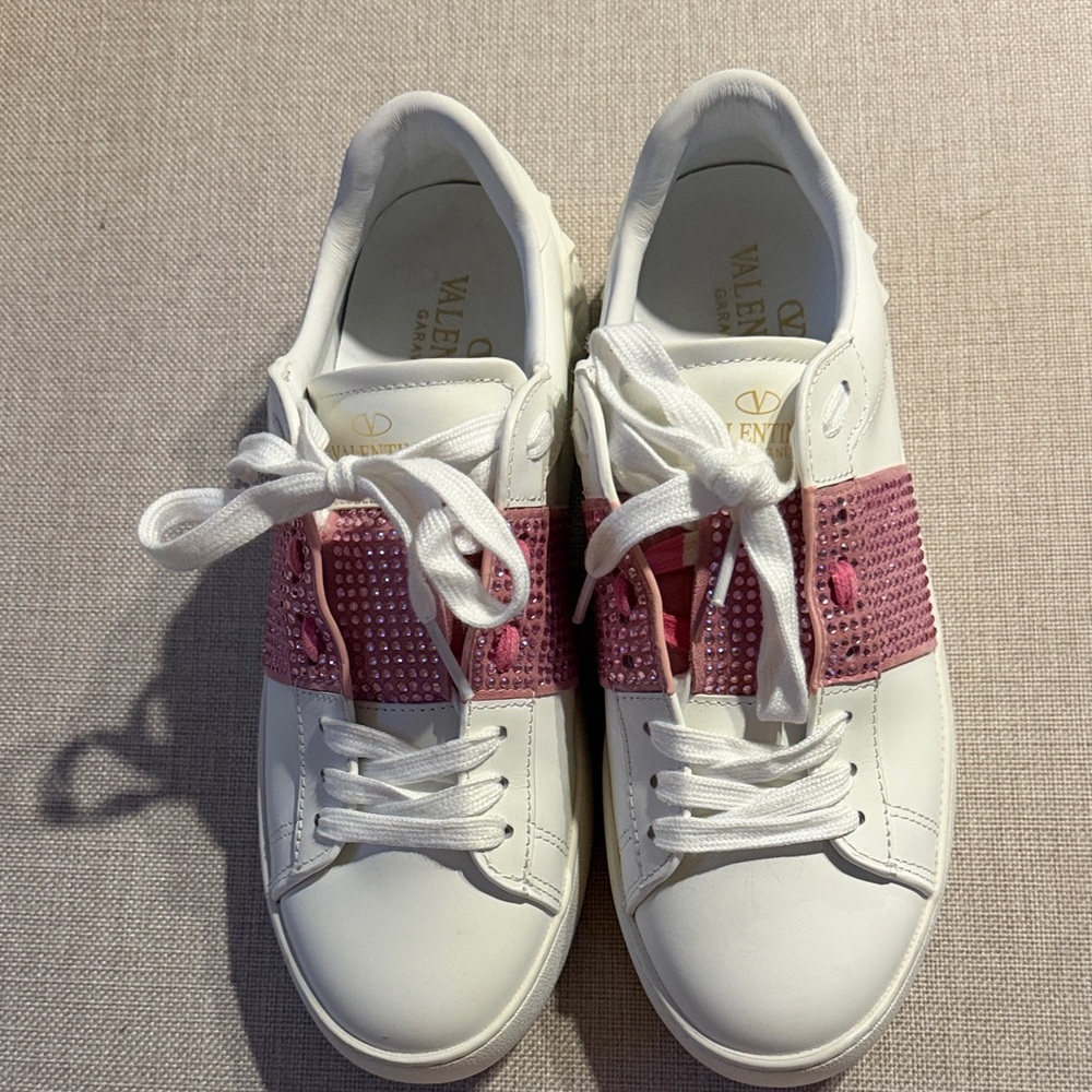 Valentino Women's White and Pink Studded Sneakers